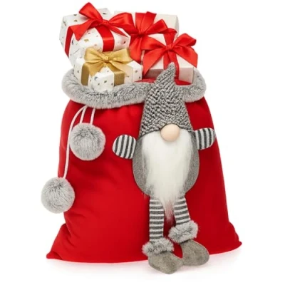 Abbildung von com four® Premium Weihnachtssack roter Geschenkesack zum Befüllen Weihnachtsbeutel mit Bommeln &amp; Wichtel als Dekoration und tolle Geschenkverpackung