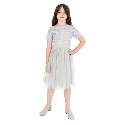 Abbildung von Maya Deluxe Girl&#039;s Midi Girls for Wedding with Sequin Embellishment Short Sleeve Prom Birthday Party Bridesmaid Dress, Soft Grey, 7 8 Years
