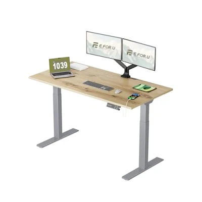 Abbildung von E.For.U® Höhenverstellbarer Schreibtisch 160x80 cm, 2 Motoren, Stabiler Höhenverstellbar Elektrisch Mit Fach Teleskop, 4 Memory Steuerung, Tischplatte (Silber + Asteiche)