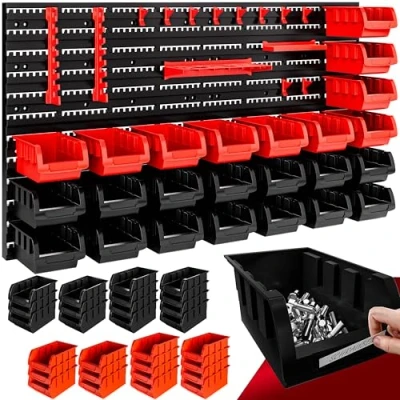 Abbildung von DEUBA® Wandregal mit Stapelboxen und Werkzeughalter 43 tlg Box Erweiterbar Werkstattregal Werkzeuglochwand