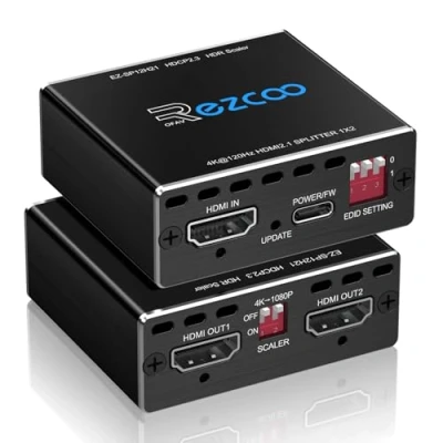 Abbildung von 4K 120Hz HDMI 2.1 Splitter 8K 60Hz 1 in2 Out VRR ALLM HDCP2.3 HDR10 8KUHD Dolby Vision Atmos Scaler 1080P EDID Dual Monitore 1X2 für PS5 SkyQ Xbox NVIDIA AMD