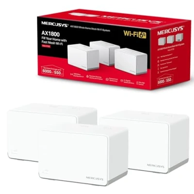 Abbildung von Mercusys AX1800 Whole Home Mesh Wi Fi 6 System, Abdeckung bis zu 550 m², verbindet 150 Geräte, 1024 QAM, Full Gigabit Ports, Dualband Fi, einfache App Steuerung, Halo H70X (3er Pack)