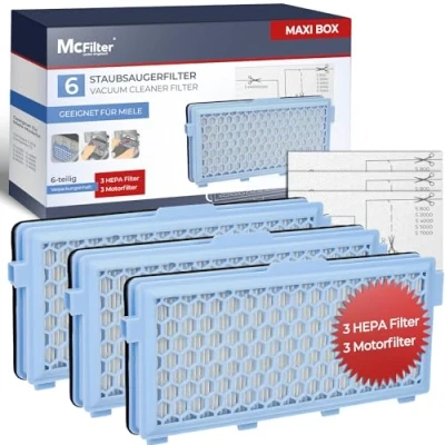 Abbildung von McFilter HEPA Filter 3x + 3 Motorfilter (zuschneidbar) passend für Miele Staubsauger GN, Serie S4 S5 S6 S8, Complete C2, Compact C1/C2, S8340, MAXI BOX