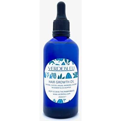 Abbildung von 100% Natürlich HAARWACHSTUMSÖL KOFFEIN, RIZIN, ARGAN, ANDIROBA &amp; KOKOSÖL mit ROSMARIN EUCALYPTUS 100 ml VERDEBLEU. Wir Spenden 5% des Gewinns um die Regenwälder zu Retten