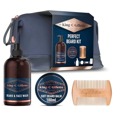 Abbildung von King C. Gillette Geschenkset Bartpflege Essentials: 350 ml Waschgel für Bart und Gesichtpflege + 100 Bartbalsam einen geschmeidigen Premium Bartkamm Kulturbeutel, Geschenk Männer