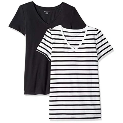 Abbildung von Amazon Essentials Damen Kurzärmeliges T Shirt mit V Ausschnitt, Klassischer Schnitt, 2er Pack, Schwarz/Weiß Streifen, M