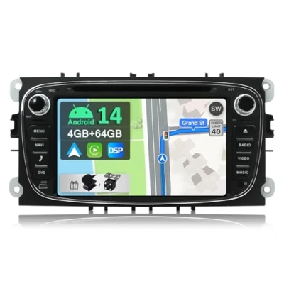 Abbildung von YUNTX Android 14 Autoradio Passt für Ford Mondeo/S max/Focus/C max/Connect [4G+64G] KOSTENLOSE Rückenkamera GPS 2 Din Unterstützt DVD/DAB+ / Lenkradsteuerung/WiFi/Bluetooth/Carplay