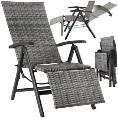 Abbildung von tectake® Alu Polyrattan Gartenstuhl mit Armlehnen, Campingstuhl 6 Fach Verstellbarer Rückenlehne, klappbar, Relaxsessel Liegefunktion, wetterfest, Klappstuhl Fußablage grau 404577