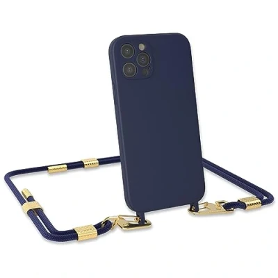 Abbildung von EAZY CASE Handykette Silikon mit Clips 2 in 1 kompatibel iPhone 12 Pro Handyhülle Umhängeband, Handykordel Silikon, Hülle Band, Kette für Smartphone, Blau Gold