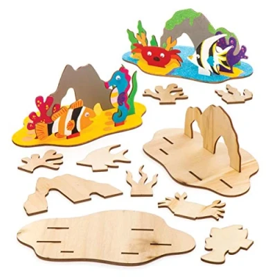 Abbildung von Baker Ross 3D Bastelsets Meerstiere aus Holz (4er Pack), für Kinder zum Dekorieren und Zusammenbauen