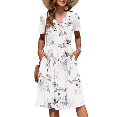 Abbildung von AUSELILY Damen Kurzarm Sommerkeider Knielange Sommer Kleider V Ausschnitt mit Knöpfen Empire Midikleid Taschen Blumenweiß XXL