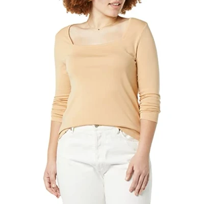 Abbildung von Amazon Essentials Damen T Shirt Mit Langen Ärmeln Und Eckigem Ausschnitt Schmaler Passform, Helles Kamelbraun, XS