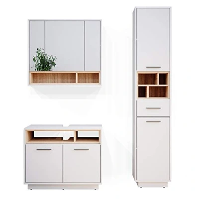 Abbildung von Vicco Badmöbel Set Beatrice, Weiß/Sonoma, 3 Teile, mit Hochschrank, (3 er Set, St., Spiegelschrank, Unterschrank,Hochschrank)