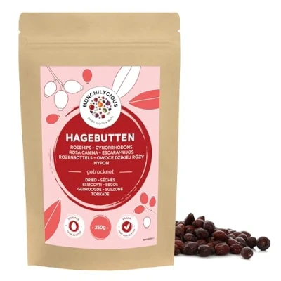 Abbildung von Hagebutten getrocknet 250g von Munchilycious, getrocknete ungesüßt, ganze Hagebutten, Ideal für die Zubereitung Hagebuttentee, Tee