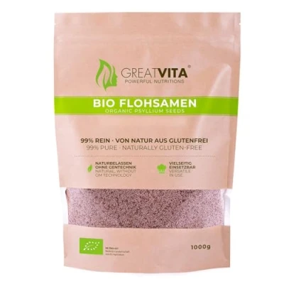 Abbildung von Bio Flohsamen 1000g 99% rein &amp; von Natur aus glutenfrei Hochwertige Ballaststoffquelle in Rohkostqualität Vegan, ohne Zusätze, abgefüllt Deutschland GreatVita