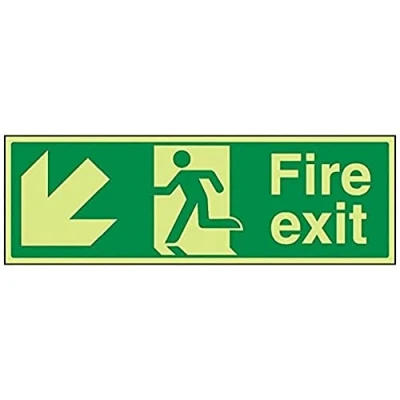 Abbildung von VSafety Warnschild „Fire Exit“, 450 x 150 mm, leuchtet im Dunkeln, Pfeil nach links unten, Hartkunststoff