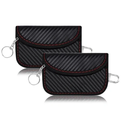 Abbildung von 2 Stück Faraday Bag Keyless Go Schutz Kohlefaser Autoschlüssel Strahlenschutz Tasche RFID Funk Schlüssel Blocker mit Haken und Schlüsselring Schutzhülle