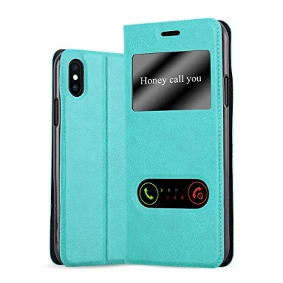 Abbildung von Cadorabo Hülle kompatibel mit Apple iPhone X/XS Sichtfenster aus Kunst Leder Flip Klappbare Stoßfeste Magnetische [Standfunktion] [Kartenfächern] Cover für Tasche in Türkis