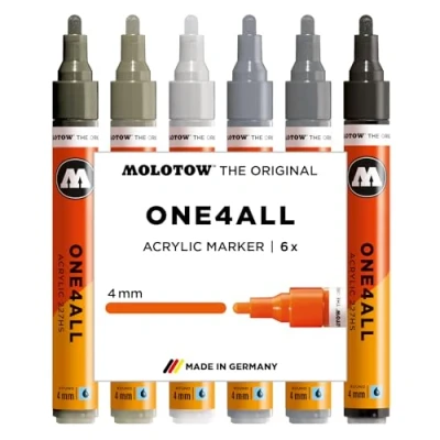 Abbildung von Molotow One4All 227HS Acryl Marker Grey Set (4,0 mm Strichstärke, hochdeckend und permanent, schnell trocknend, nachfüllbar, für fast alle Untergründe) 6 Stück sortiert