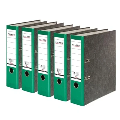 Abbildung von Original Falken 5er Pack Recycling Ordner Wolkenmarmor. Made in Germany. 8 cm breit DIN A4 grüner Rücken Ringordner Aktenordner Briefordner Büroordner Pappordner CO2 Neutral Blauer Engel