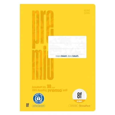 Abbildung von Staufen premio Schulheft 10 Hefte je 16 Blatt, DIN A5, Lineatur 8f (5x7mm rautiert mit Rand), 90 g/m² Recyclingpapier, runde Ecken verhindern „Eselsohren“