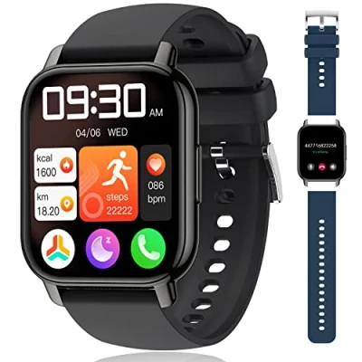 Abbildung von Popglory Smartwatch für Damen, mit Anrufen und Sprachassistenten, 4,6 cm (1,85 Zoll), 2 Bänder, Aktivitätsarmband, Blutdruck, Blutsauerstoff, Geschenk Herren, Android
