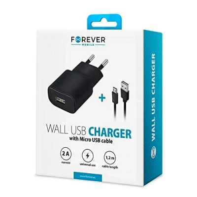Abbildung von Forever Ladegerät USB Port mit 1.2 m Lange Micro Ladekabel, Netzteil für iPhone Geräte, Lade Adapter, Steckdosenadapter Wandladegerät Fast Charge (Schwarz)