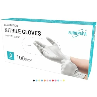Abbildung von EUROPAPA® 100x Nitrilhandschuhe Box Einweghandschuhe, Einmalhandschuhe, Untersuchungshandschuhe, Nitril Handschuhe, puderfrei, ohne Latex, unsteril, latexfrei, disposible gloves (S, Weiß)