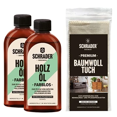 Abbildung von Schrader Holzöl Set 3 teilig , farbloses Pflegeöl für Holzoberflächen Made in Germany
