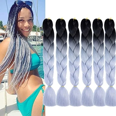 Abbildung von Jumbo Braid Kunsthaar, 6stüCk Braids Extensions Grau Kanekalon Flechten Haar 24&quot;, ZöPfe Box Kunsthaar Zum Einflechten (Black To Grau)