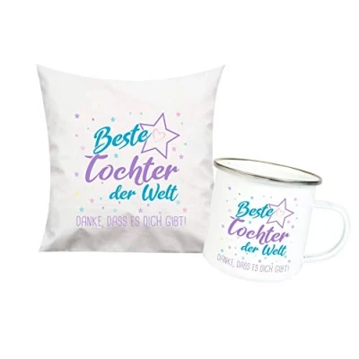 Abbildung von ShirtInStyle, Geschenkset, beste Tochter der Welt, danke das es dich gibt! Kissen und Emaille Tasse als Set Farbe weiß