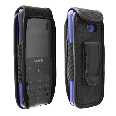 Abbildung von caseroxx Hülle Ledertasche mit Gürtelclip für Alcatel 3088 / 3088X aus Echtleder, Tasche und Sichtfenster in schwarz