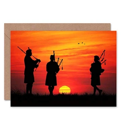 Abbildung von Wee Blue Coo Dudelsack Schottische Silhouette Sonnenuntergang Geburtstagskarte