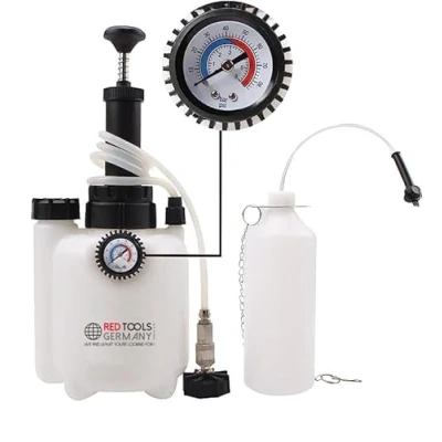 Abbildung von Red Tools 3L Bremsen Entlüftungsgerät Bremsenentlüfter Bremsflüssigkeit wechseln leicht gemacht für Auto und Motorrad 1L Absaugbehälter E20 (ø44mm)