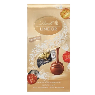 Abbildung von Lindt Schokolade LINDOR Mischung 137 g Beutel ca. 10 Kugeln mit zartschmelzender Füllung in den Sorten Milch, dunkel 60%, weiß, Haselnuss Pralinen Geschenk
