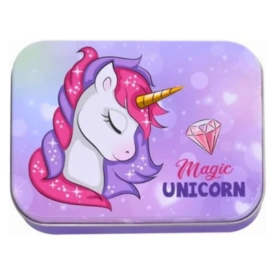 Abbildung von Unicorn Magic Kinderpflaster Lizensiertes Produkt 4 Stück Metall Box 24 Pflaster Schönes Design Aufbewahrungsbox für Kinder Geeignet Rucksack Handtasche