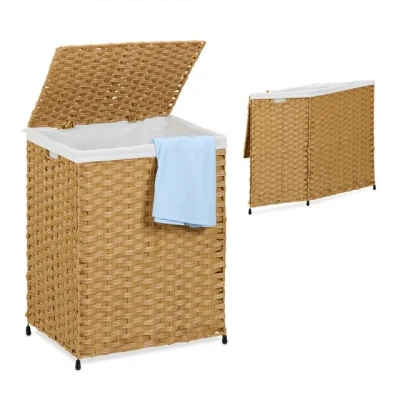 Abbildung von Relaxdays Wäschekorb mit Deckel, Rattan Optik, Wäschesack 90 l, HBT: 60x46x34 cm, Wäschebehälter geflochten, braun/beige
