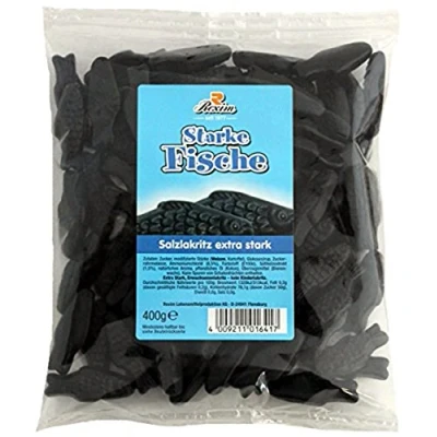 Abbildung von 12 x Rexim Starke Fische Salmiak Lakritze Extra Stark 400 g (12 g) Set inkl. lukky24® Schlüsselanhänger für Einkaufswagenchip