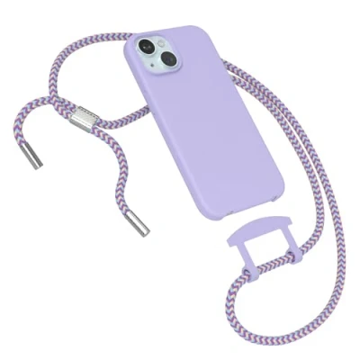 Abbildung von EAZY CASE Hülle mit Band kompatibel iPhone 15 Handyhülle für Schutzhülle Silikonhülle Mikrofaser stoßfester Fallschutz Handykette zum Umhängen 2in1 Handykordel Lila Blau