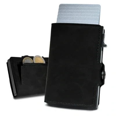 Abbildung von slimfin® Slim Wallet mit Münzfach Kartenetui Geldbeutel Herren Geldbörse Portemonnaie Portmonee Card Holder klein/Mini RFID Schutz Schwarz