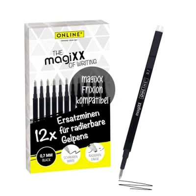 Abbildung von Online Pen Tintenroller magiXX Mine, (12x radierbare Ersatzminen schwarz für Gelschreiber), Nachfüll Minen kompatibel mit Pilot Frixion, Gelstift