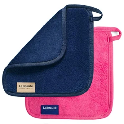 Abbildung von LaBeauté Abschminktücher Mikrofaser (2 Stück, 21x21 cm) waschbar und wiederverwendbar, Make Up Entferner Pads, Microfaser Abschminkpads, zum Gesicht Abschminken &amp; Gesichtsreinigung (navy/pink)