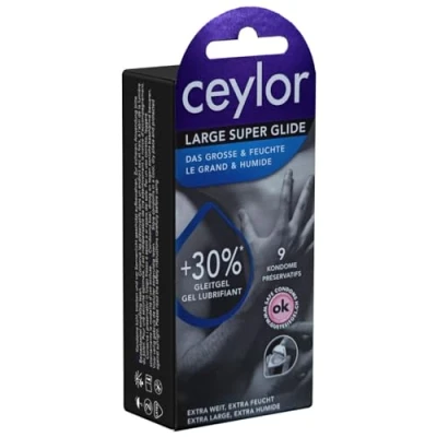 Abbildung von Ceylor Kondome Large Super Glide (extraweite mit 30% mehr Gleitmittel) Packung mit, 9 St., extra feuchte große Kondome, Premium Qualität aus der Schweiz, im hygienischen &quot;Dösli&quot;, einfach zu öffnen, schnelleres Überziehen