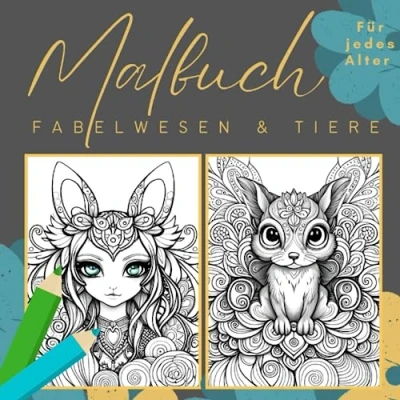 Abbildung von Malbuch für Erwachsene, Jugendliche und Kinder: magische Fabelwesen, Einhörner, Drachen niedliche Tiere: (Malbuch zur Steigerung der Kreativität, Konzentration zum Stressabbau)
