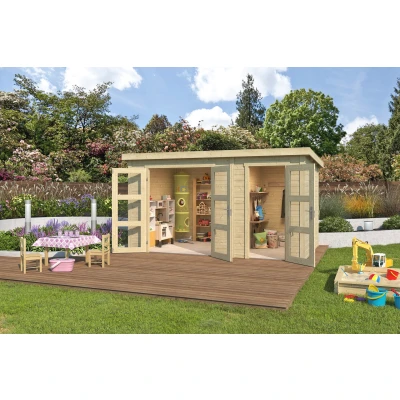 Abbildung von LASITA MAJA Gartenhaus &quot;Zambesi XL&quot;, (Set), Blochbohlenhaus 28mm 2 Raum, Fundamentmass 3800x2400, Naturbelassen