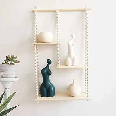 Abbildung von Ricemru Schweberegal Wandregal Holz Seil Boho 3 Böden Hängendes Regal mit Makramee Wandbehang Wand Regalen Hängeregale Pflanzen Wanddeko für Wohnzimmer Schlafzimmer