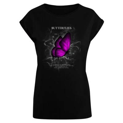 Abbildung von Merchcode Butterflies Extended Shoulder Tshirt print, Damen, Größe: XXL, Black