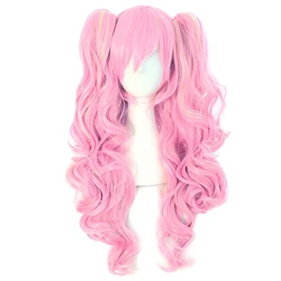 Abbildung von MapofBeauty farbige Lolita lange lockige geheftet auf Pferdeschwanz Cosplay Perücke (rosa/blond)