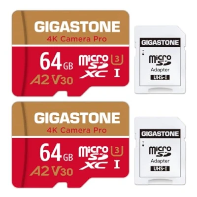 Abbildung von Gigastone 64 GB Speicherkarte, 2 Stück, 4K Pro Kamera, kompatibel mit GoPro Switch, Geschwindigkeit 95 MB/s. A2 U3 V30 Micro SDXC Karte SD Adapter.