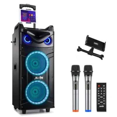Abbildung von Moukey Karaoke Maschine Große Anlage mit 2X 26cm Woofer &amp; 8cm Tweeter 2 Mikrofonen, Wiederaufladbarer Bluetooth Lautsprecher Lichteffekt Tablettenhalter TWS/Rec/AUX/USB/TF/FM für Party